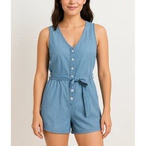 Rails Romper SMALL Blue Sleeveless Button Down Belted Casual Summer Boho Chic